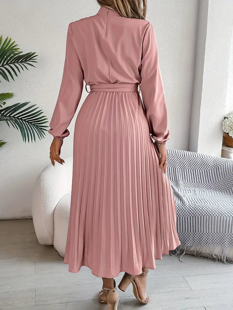Serena™ – Abito Midi Plissettato con Maniche Lunghe e Cinturaa