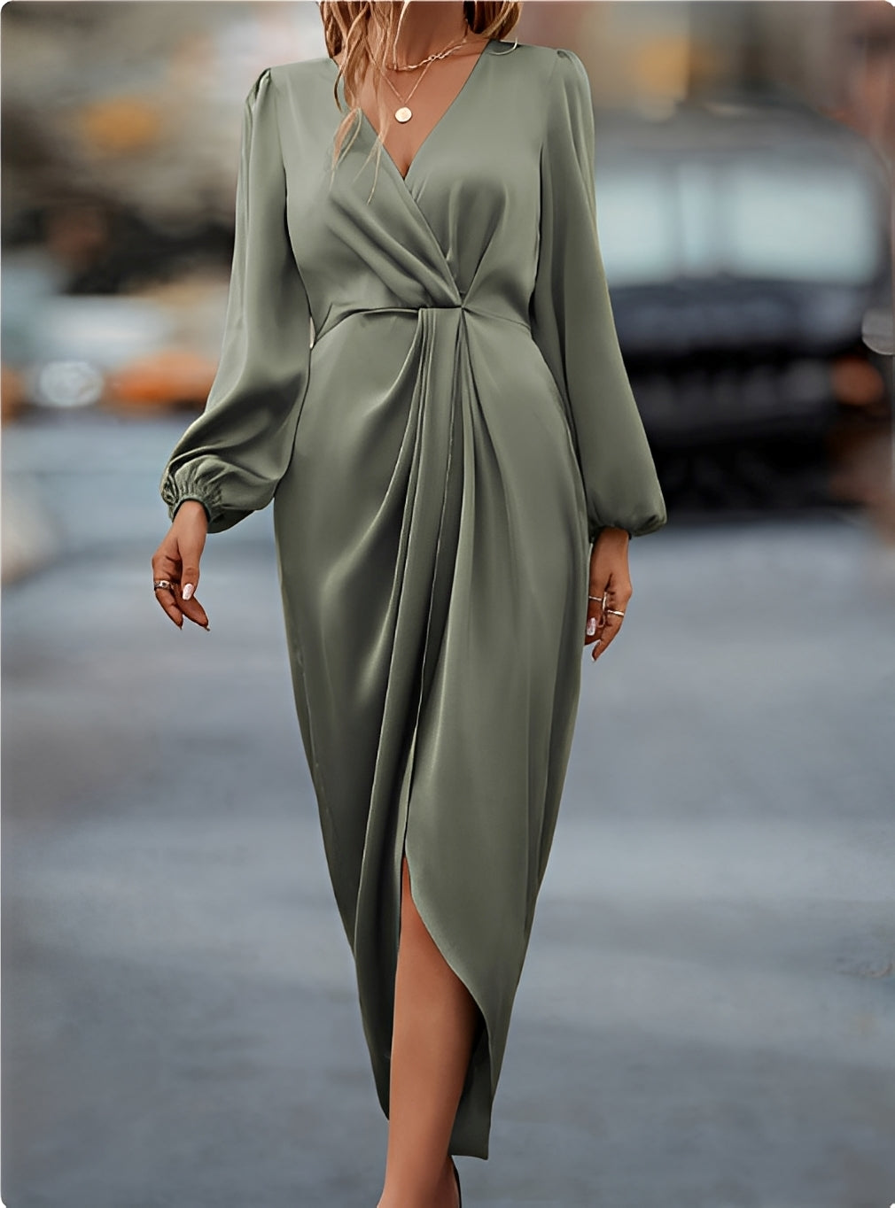 Diantha - Elegant Lantern Sleeve Slit Dress for Women