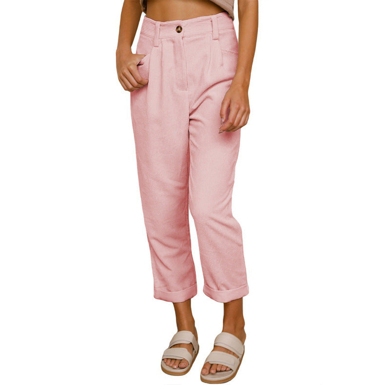 Chelsie - Pantaloni casual a vita alta in velluto a coste per donne
