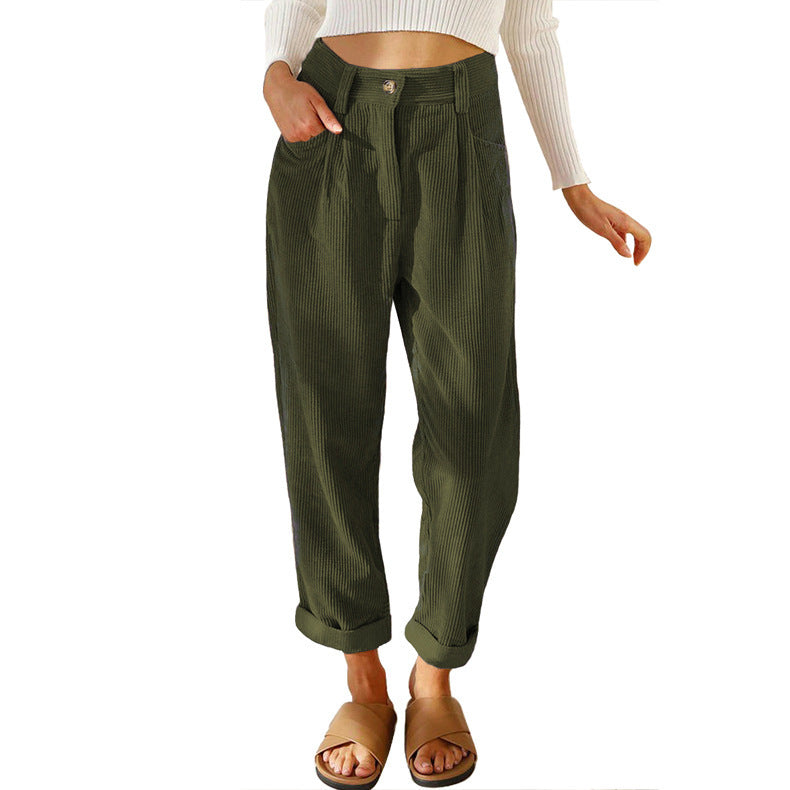 Chelsie - Pantaloni casual a vita alta in velluto a coste per donne