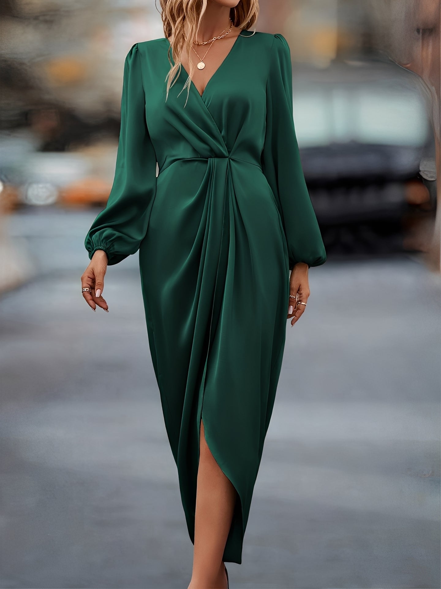 Diantha - Elegant Lantern Sleeve Slit Dress for Women