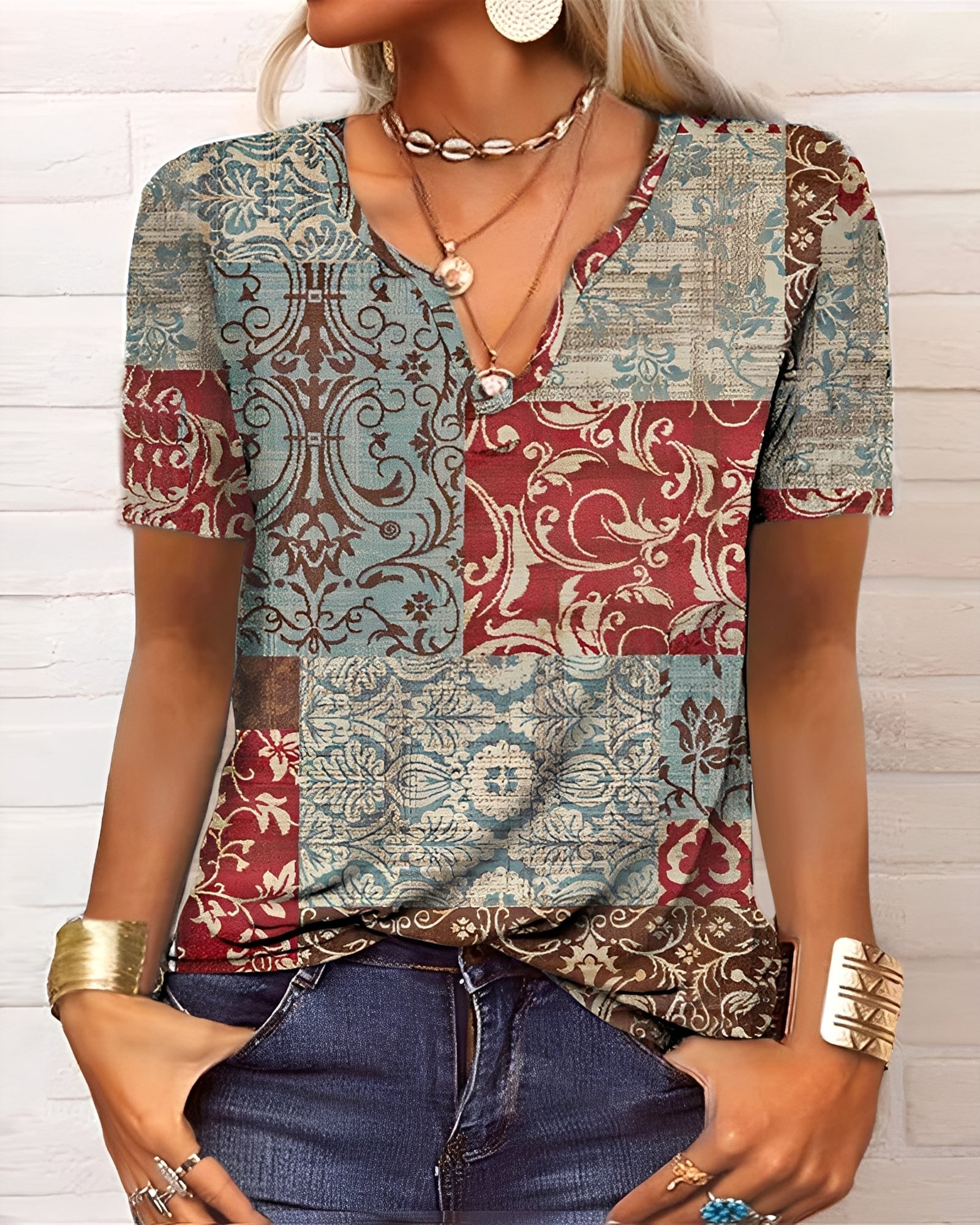 Denise - Blusa boho con scollo a V e bottoni per donne