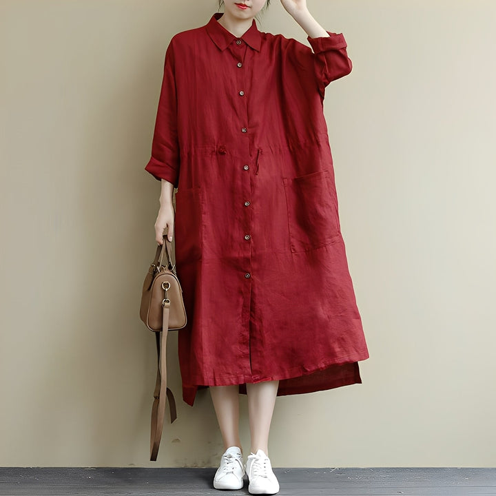Chelsie - Women's oversized button-through maxi smock dress