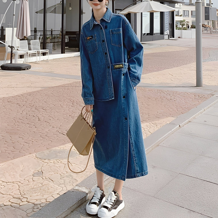 Christabel - Retro Long Denim Dress with Pockets for Women