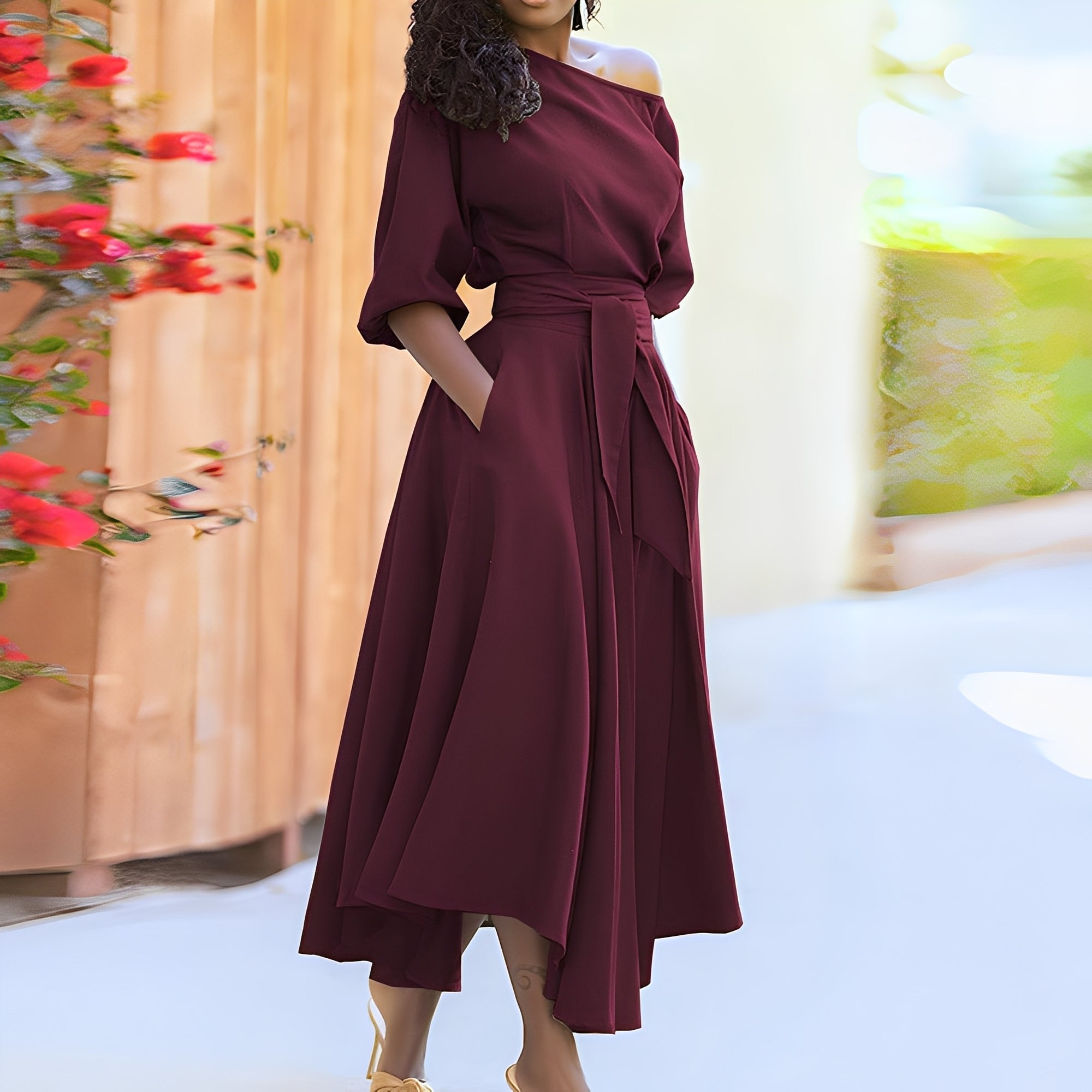 Dahlia - Elegante abito senza spalline con cintura per donne