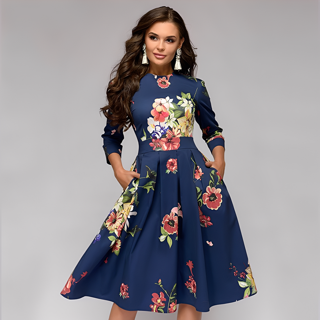 Elisabeth - Elegante abito a maniche lunghe con motivo floreale per donne
