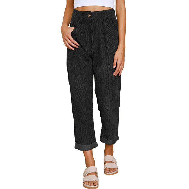Chelsie - Pantaloni casual a vita alta in velluto a coste per donne