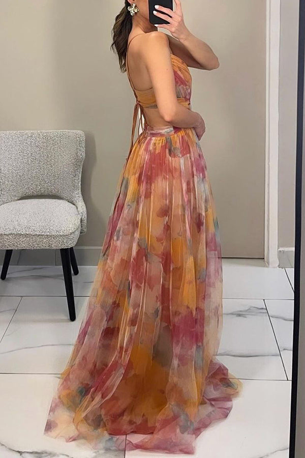 Donita- Elegante abito lungo con allacciatura e stampa