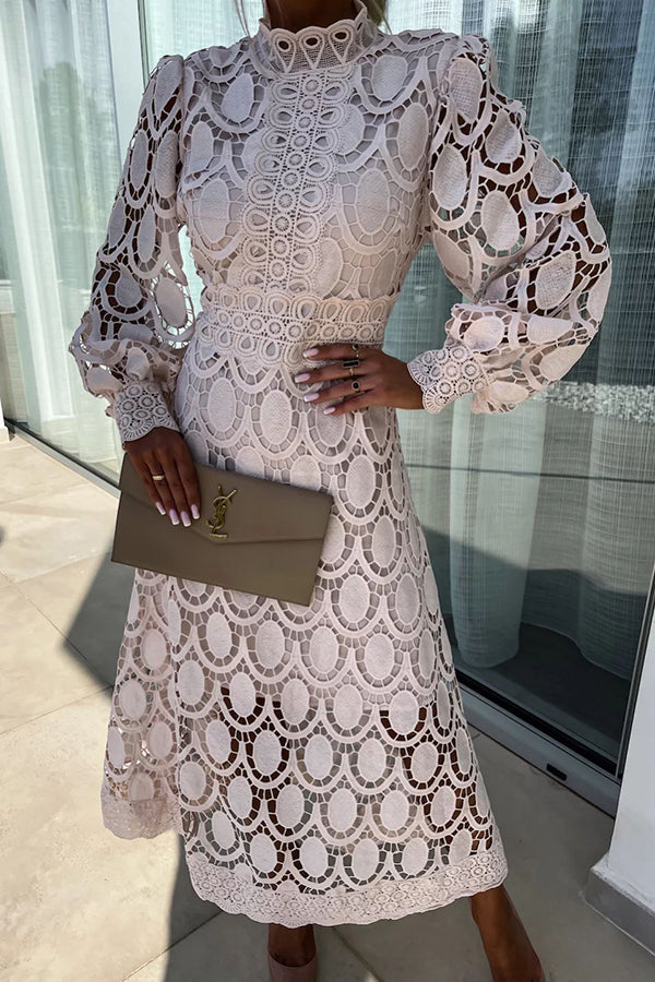 Melody - Elegant Midi Lace Dress with High Neck & Puff Sleeves