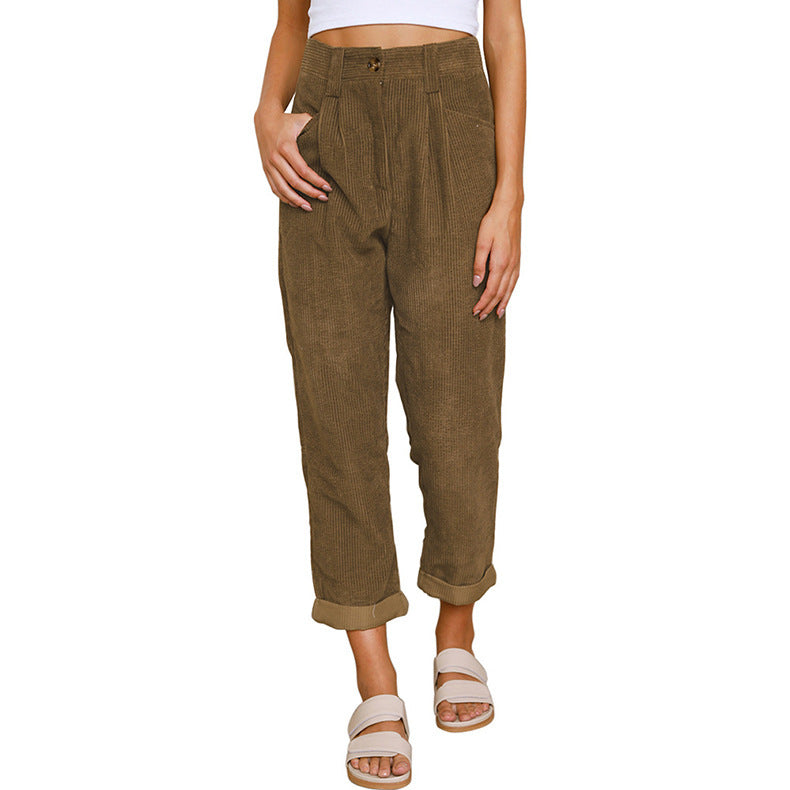 Chelsie - Pantaloni casual a vita alta in velluto a coste per donne