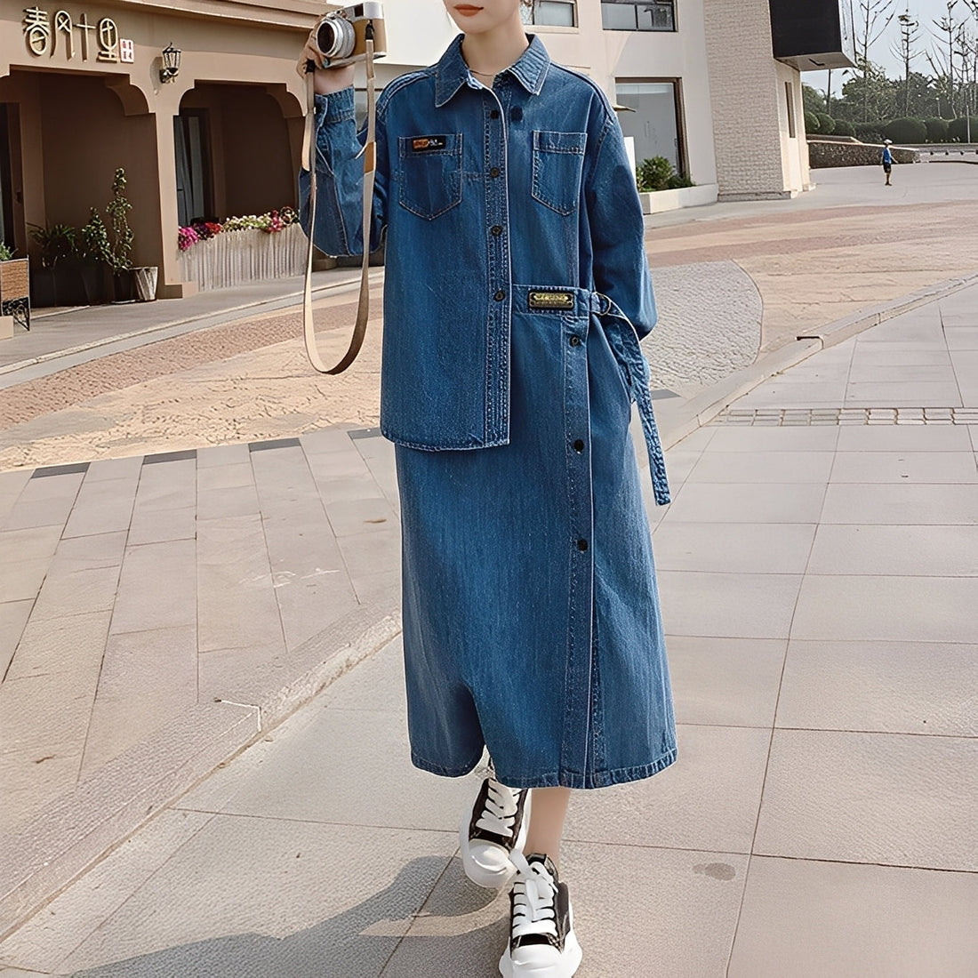 Christabel - Abito di jeans retro lungo con tasche per donne