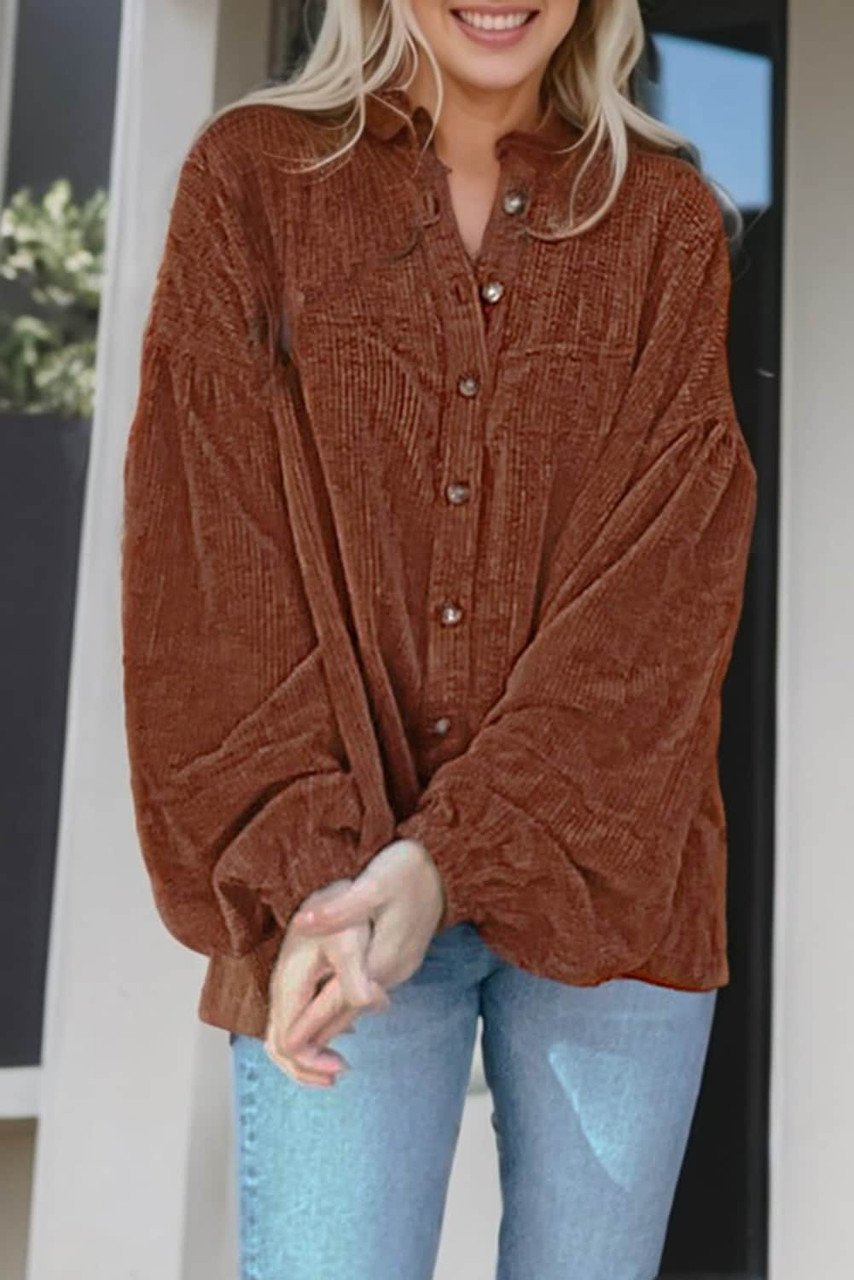Mai - Blusa in velluto a coste con maniche a sbuffo moda donna