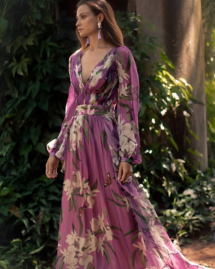 Josceline - Elegant Long-Sleeve Chiffon Dress