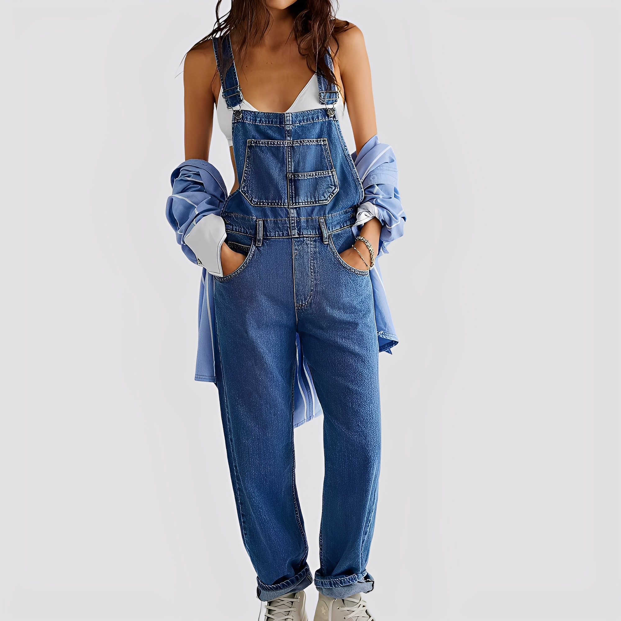Mildred - Classica salopette di jeans a vestibilità comoda per donne