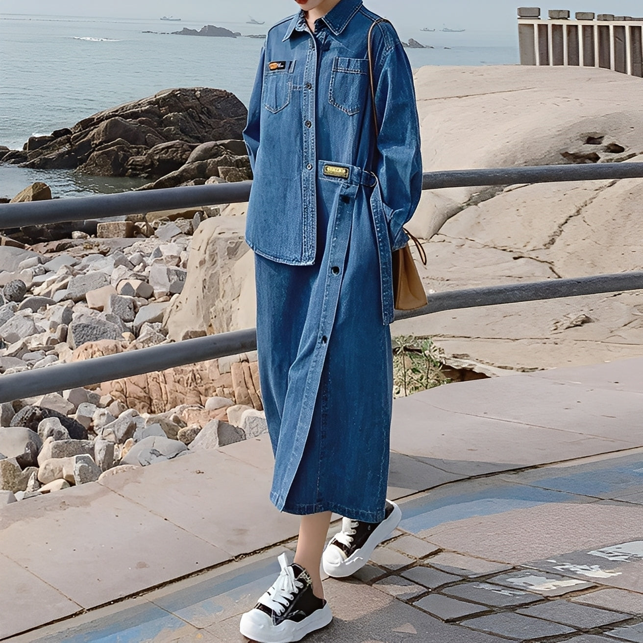 Christabel - Abito di jeans retro lungo con tasche per donne