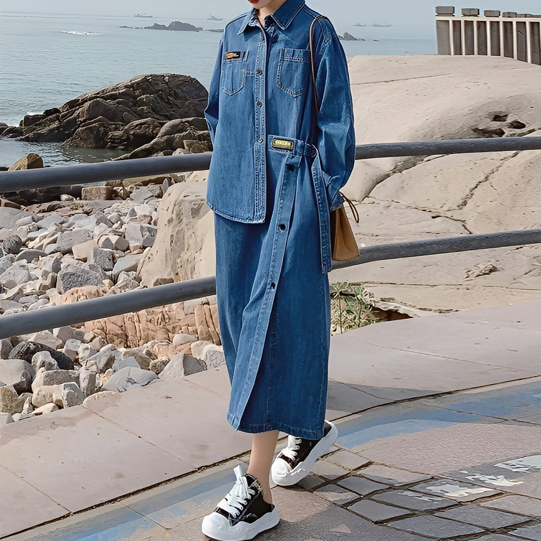 Christabel - Abito di jeans retro lungo con tasche per donne