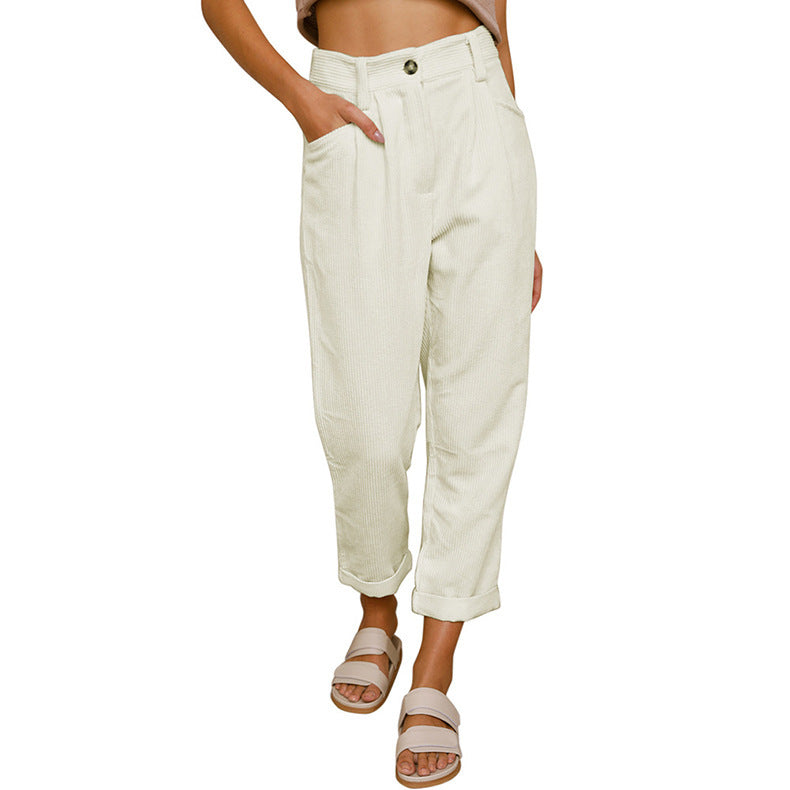 Chelsie - Pantaloni casual a vita alta in velluto a coste per donne