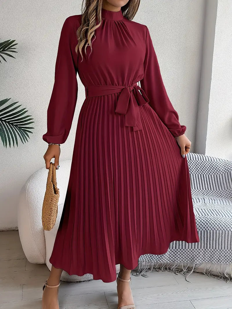 Serena™ – Abito Midi Plissettato con Maniche Lunghe e Cinturaa