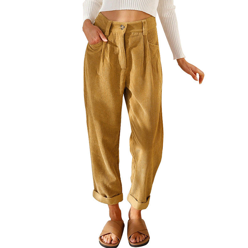 Chelsie - Pantaloni casual a vita alta in velluto a coste per donne