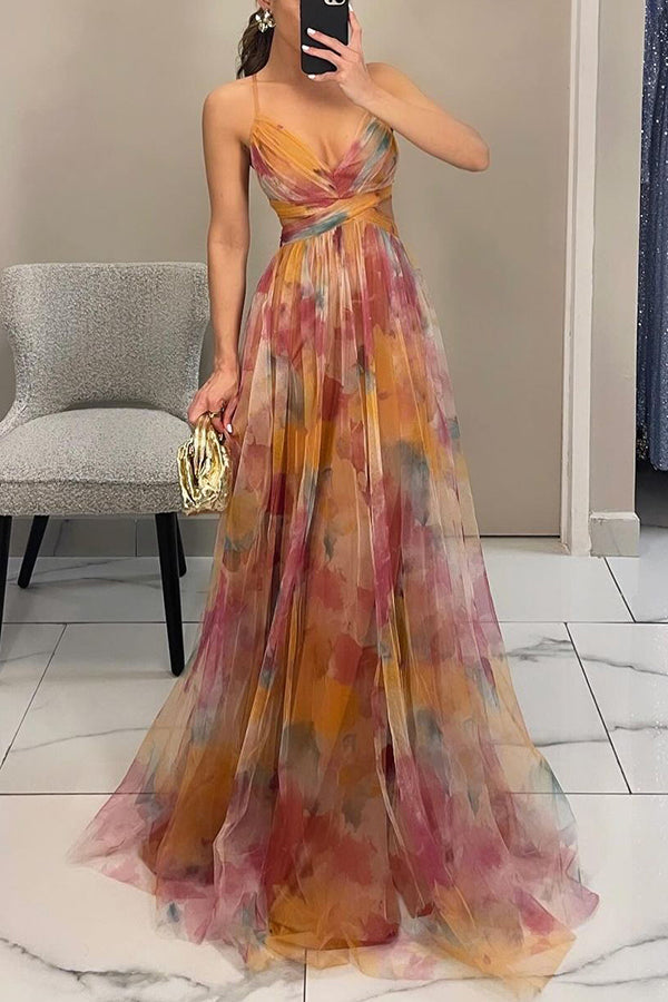 Donita- Elegante abito lungo con allacciatura e stampa