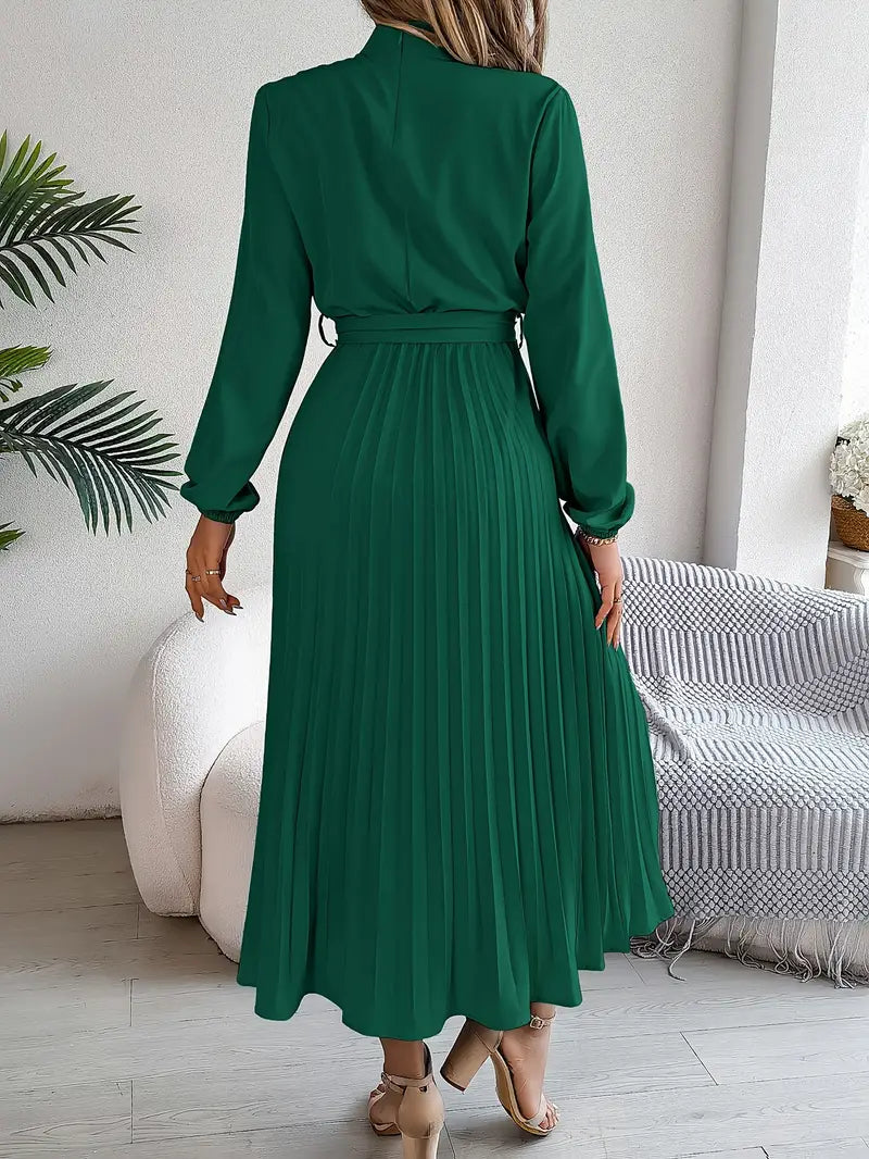 Serena™ – Abito Midi Plissettato con Maniche Lunghe e Cinturaa