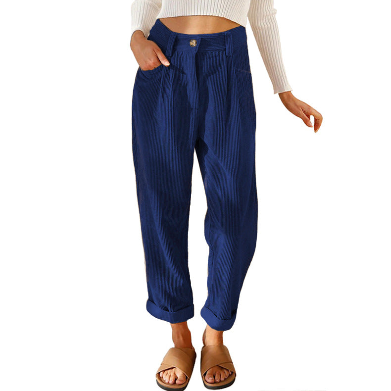 Chelsie - Pantaloni casual a vita alta in velluto a coste per donne