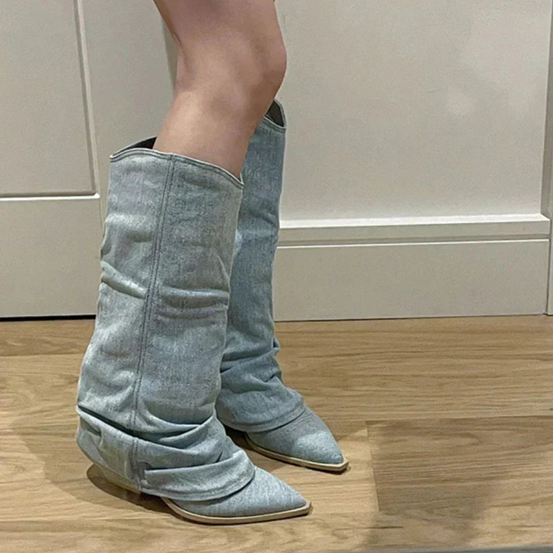Estrid - Stivali alti al ginocchio in denim per donne