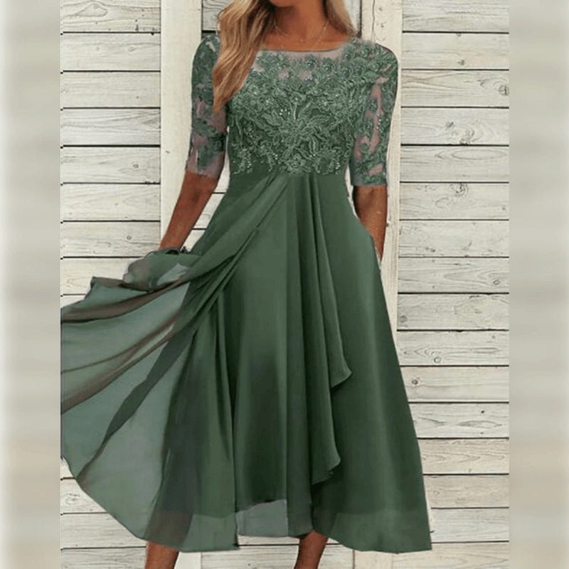 Yara - Elegante Midi Abito in Pizzo e Chiffon
