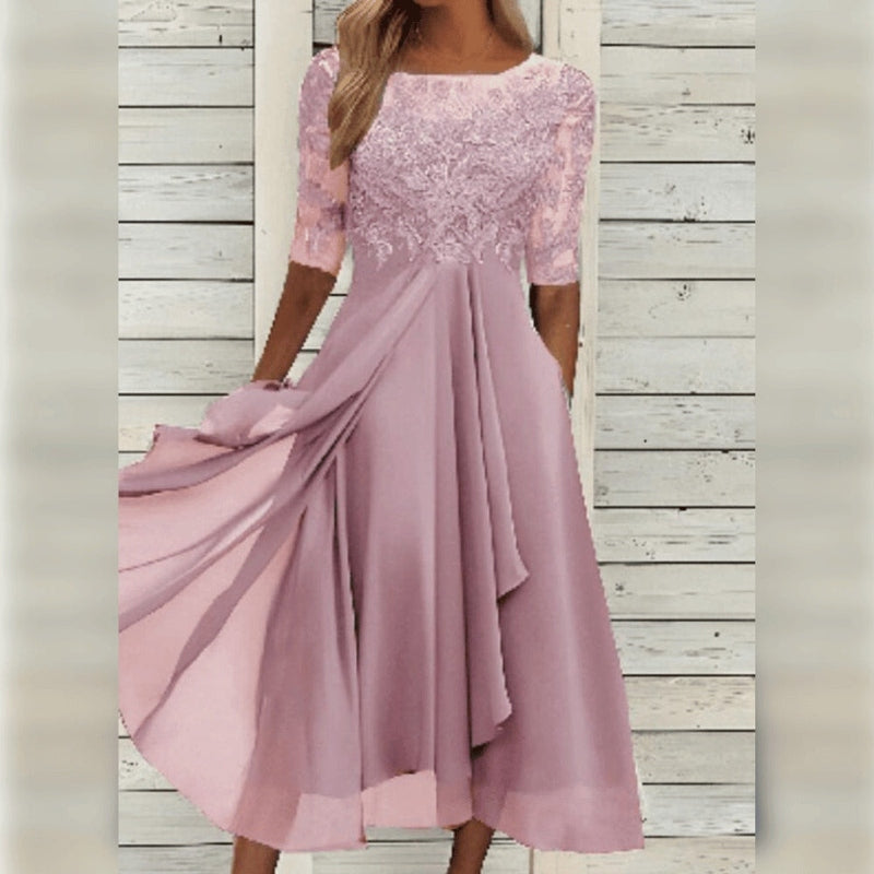 Yara - Elegante Midi Abito in Pizzo e Chiffon