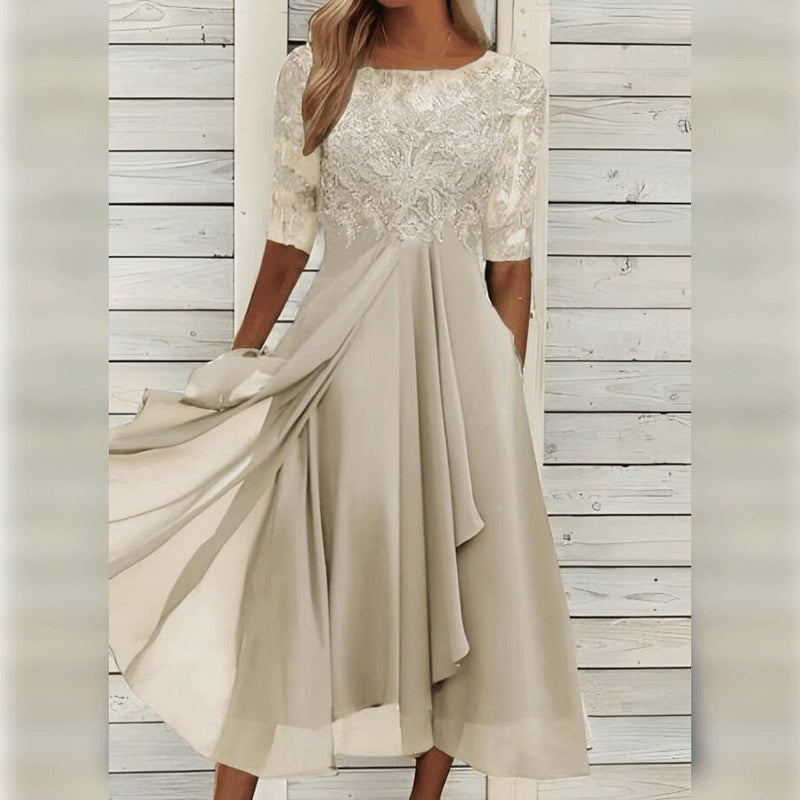 Yara - Elegante Midi Abito in Pizzo e Chiffon