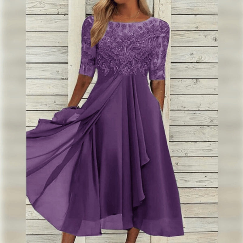 Yara - Elegante Midi Abito in Pizzo e Chiffon