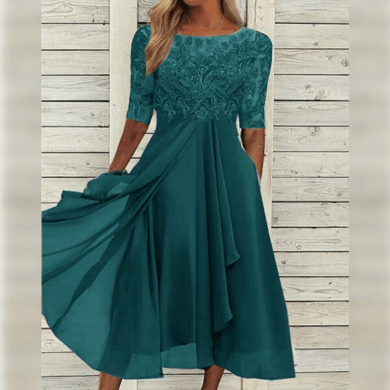 Yara - Elegante Midi Abito in Pizzo e Chiffon
