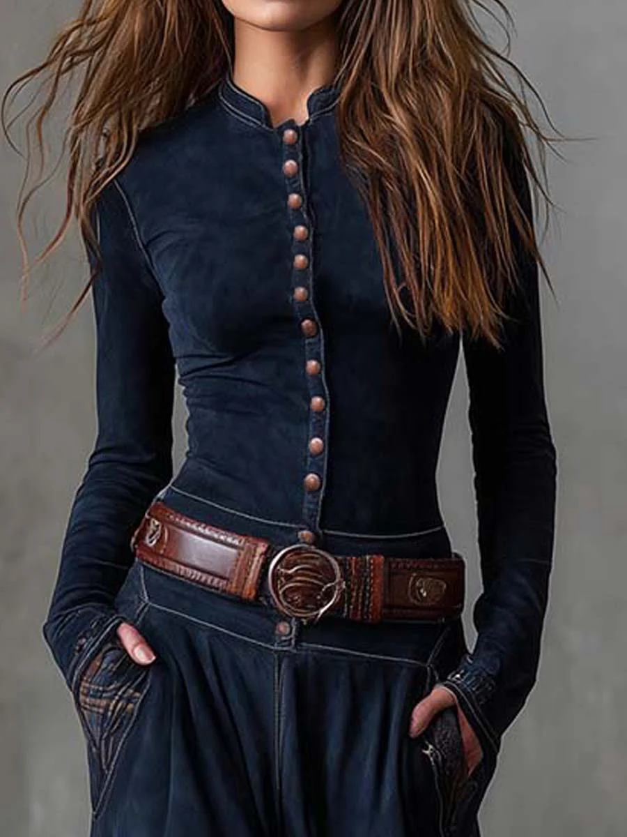 Evelina™ | Vestito Lungo Vintage in Camoscio a Quadri Blu Navy (con Cintura Inclusa)