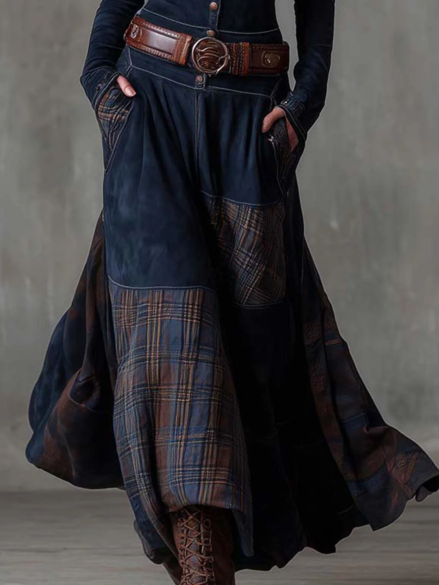 Evelina™ | Vestito Lungo Vintage in Camoscio a Quadri Blu Navy (con Cintura Inclusa)