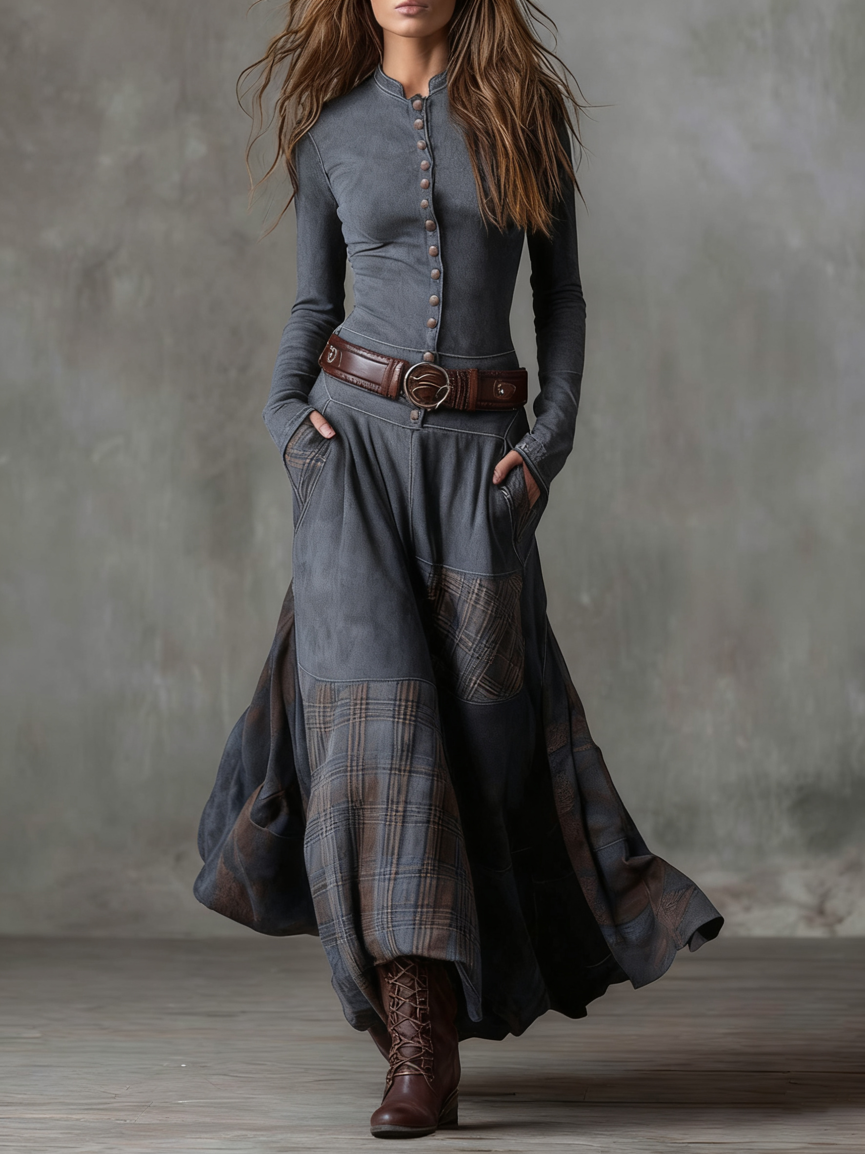 Evelina™ | Vestito Lungo Vintage in Camoscio a Quadri Blu Navy (con Cintura Inclusa)