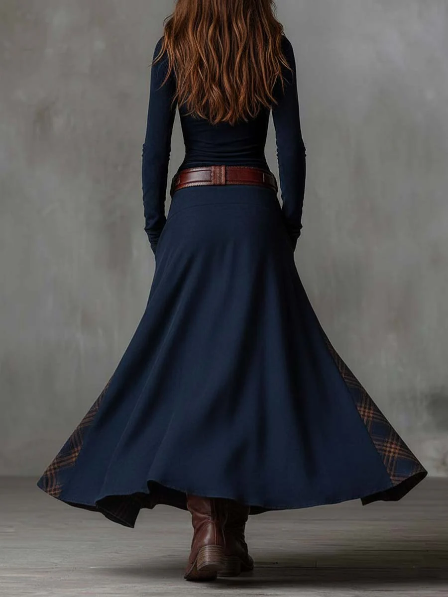 Evelina™ | Vestito Lungo Vintage in Camoscio a Quadri Blu Navy (con Cintura Inclusa)