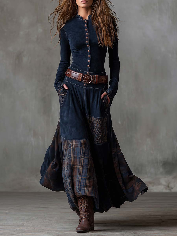 Evelina™ | Vintage Navy Blue Plaid Suede Long Dress (with Belt Included)