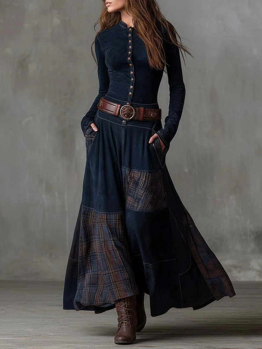Evelina™ | Vestito Lungo Vintage in Camoscio a Quadri Blu Navy (con Cintura Inclusa)