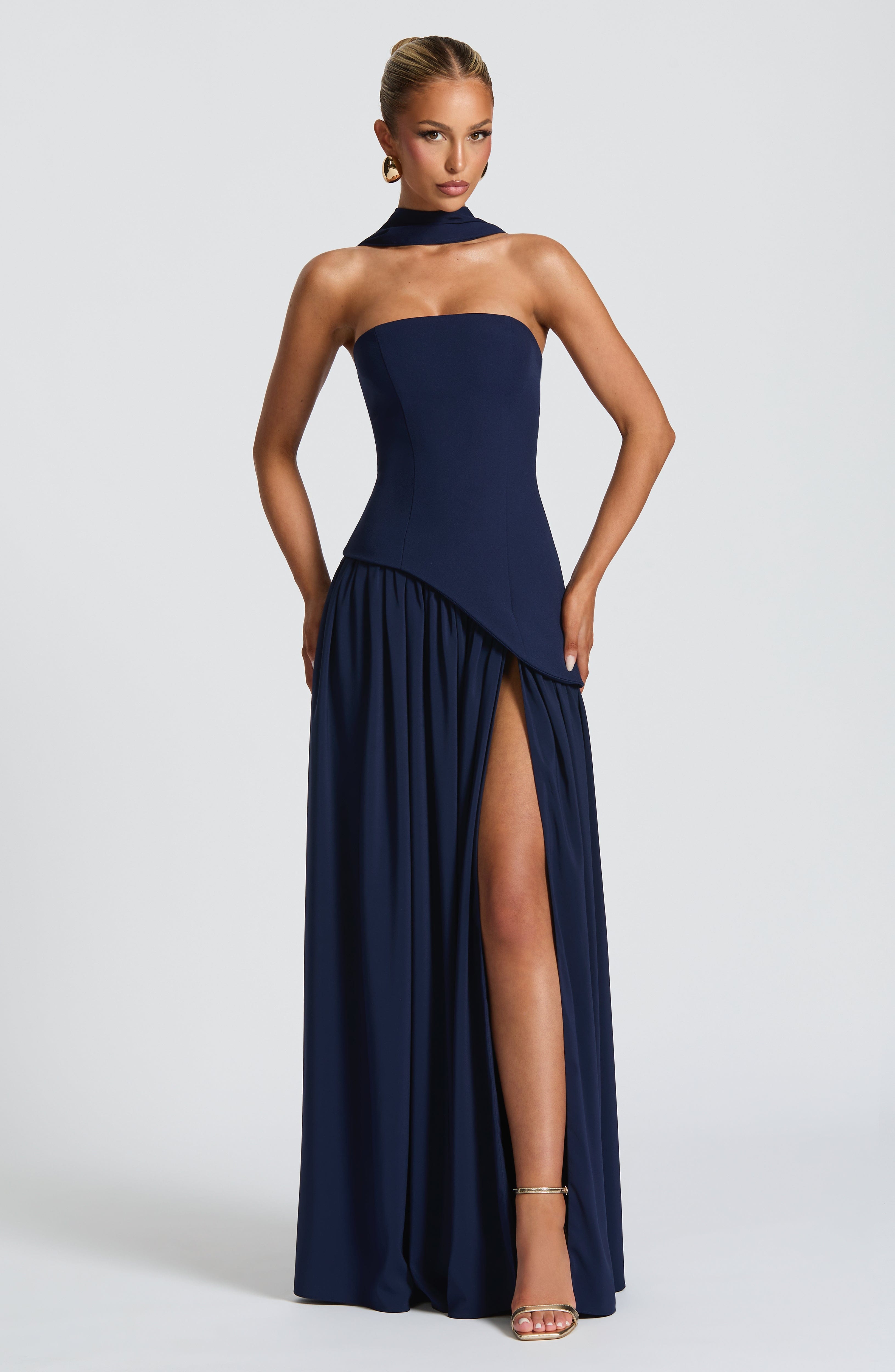Elara™ | Sculptural Halter Neck Maxi Dress with Deep Slit