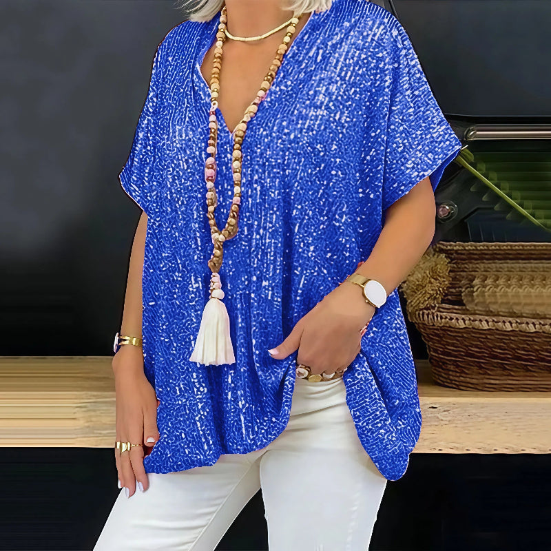 Paola - Maglietta con paillettes e scollo a V