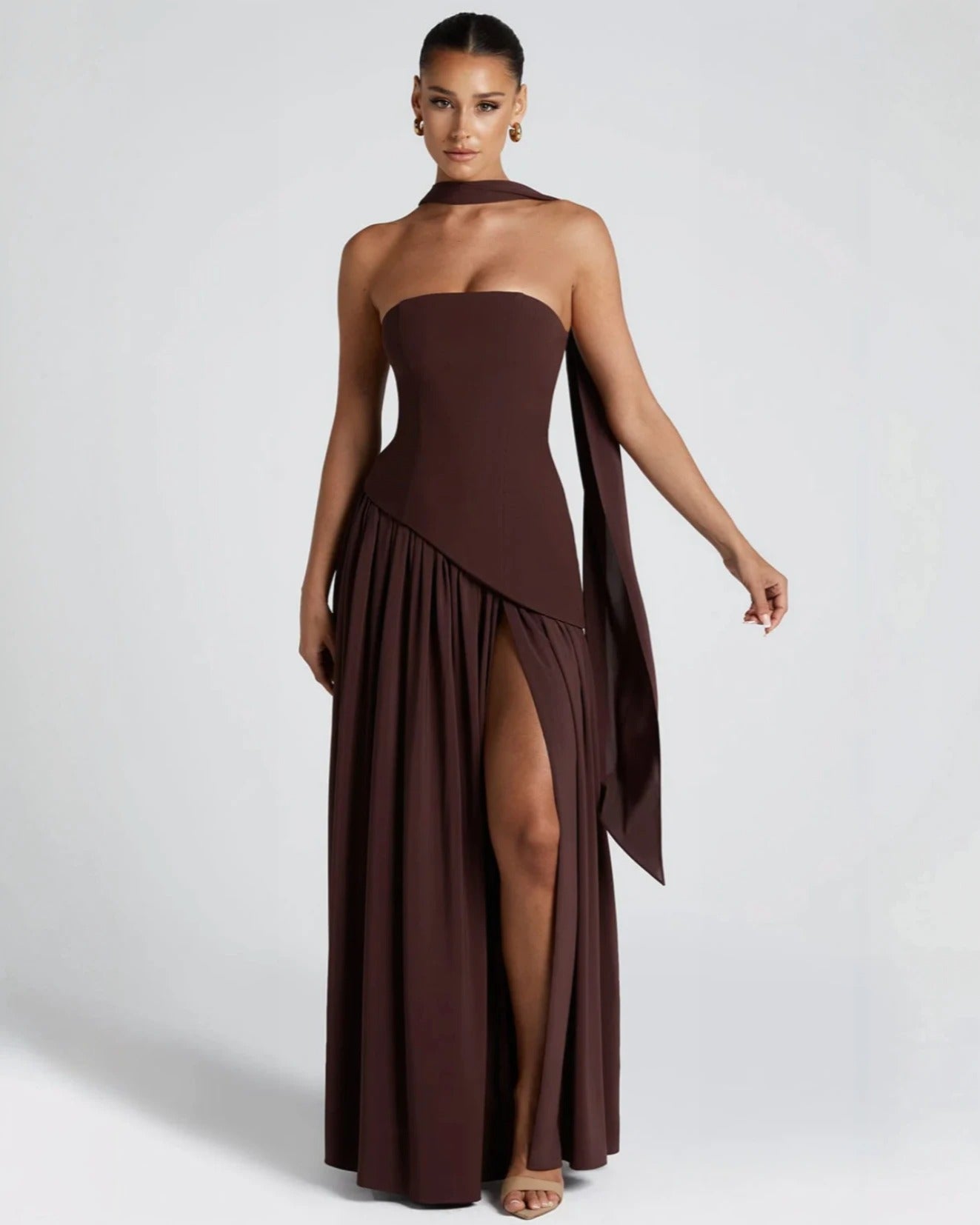 Elara™ | Sculptural Halter Neck Maxi Dress with Deep Slit