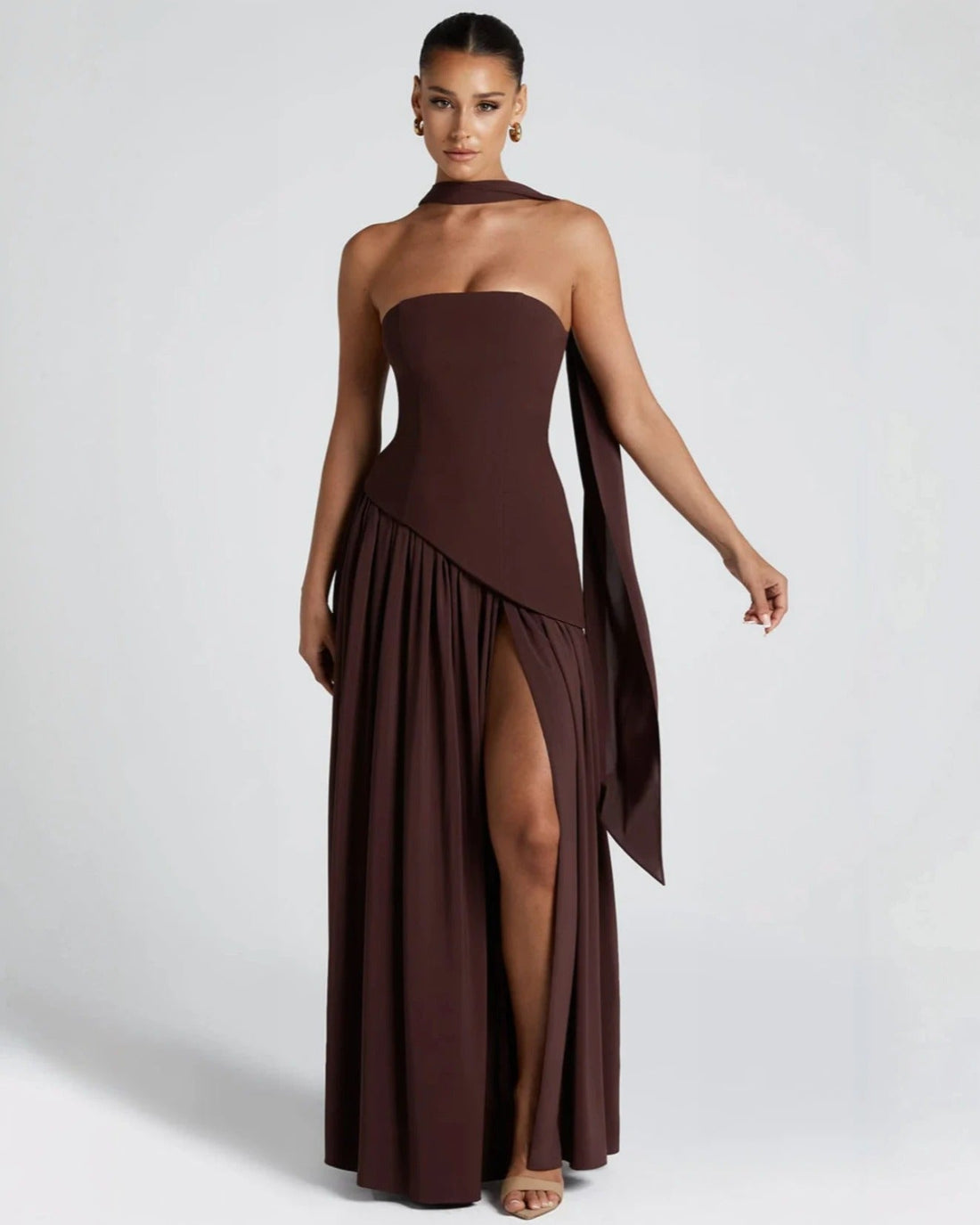 Elara™ | Sculptural Halter Neck Maxi Dress with Deep Slit
