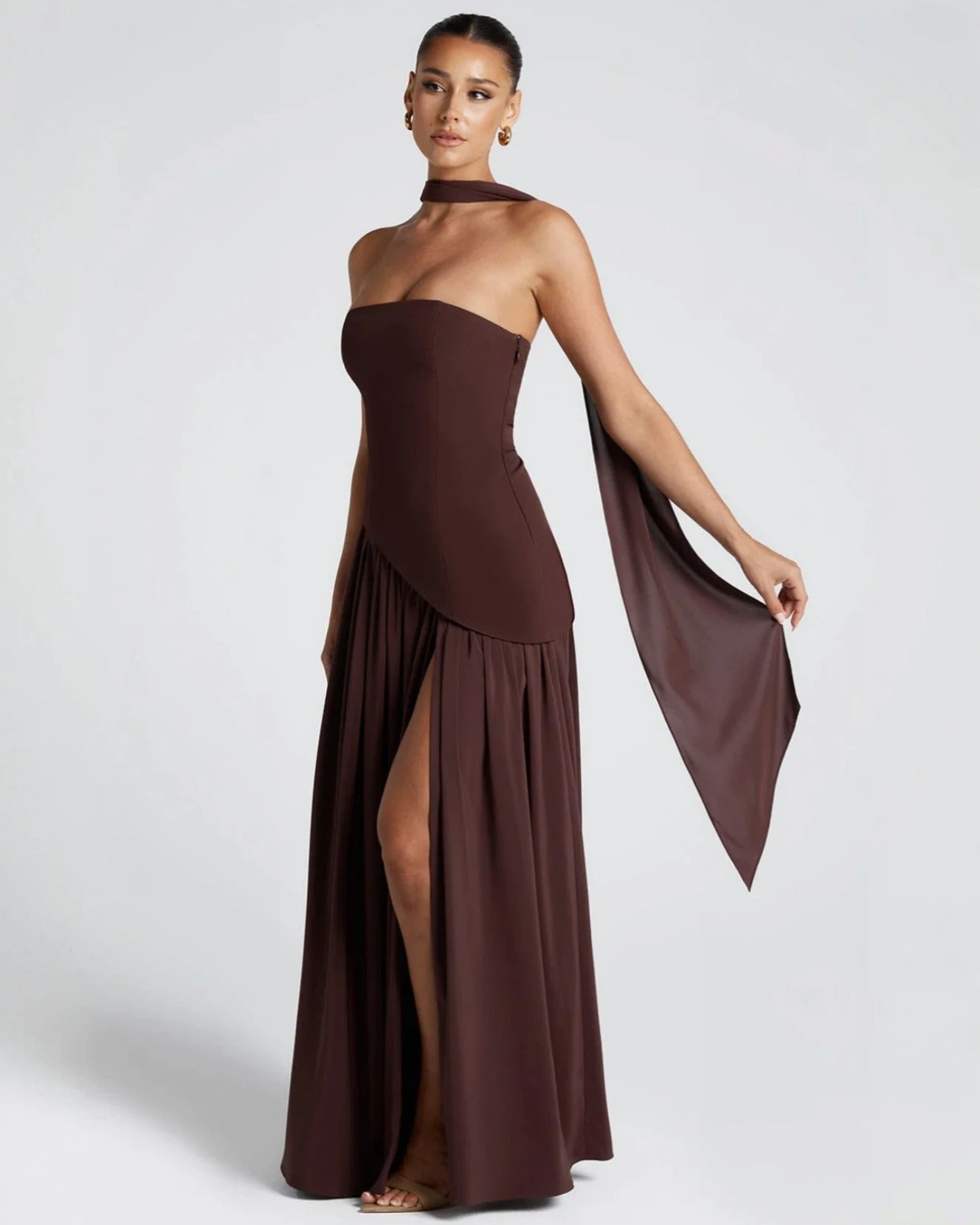 Elara™ | Sculptural Halter Neck Maxi Dress with Deep Slit