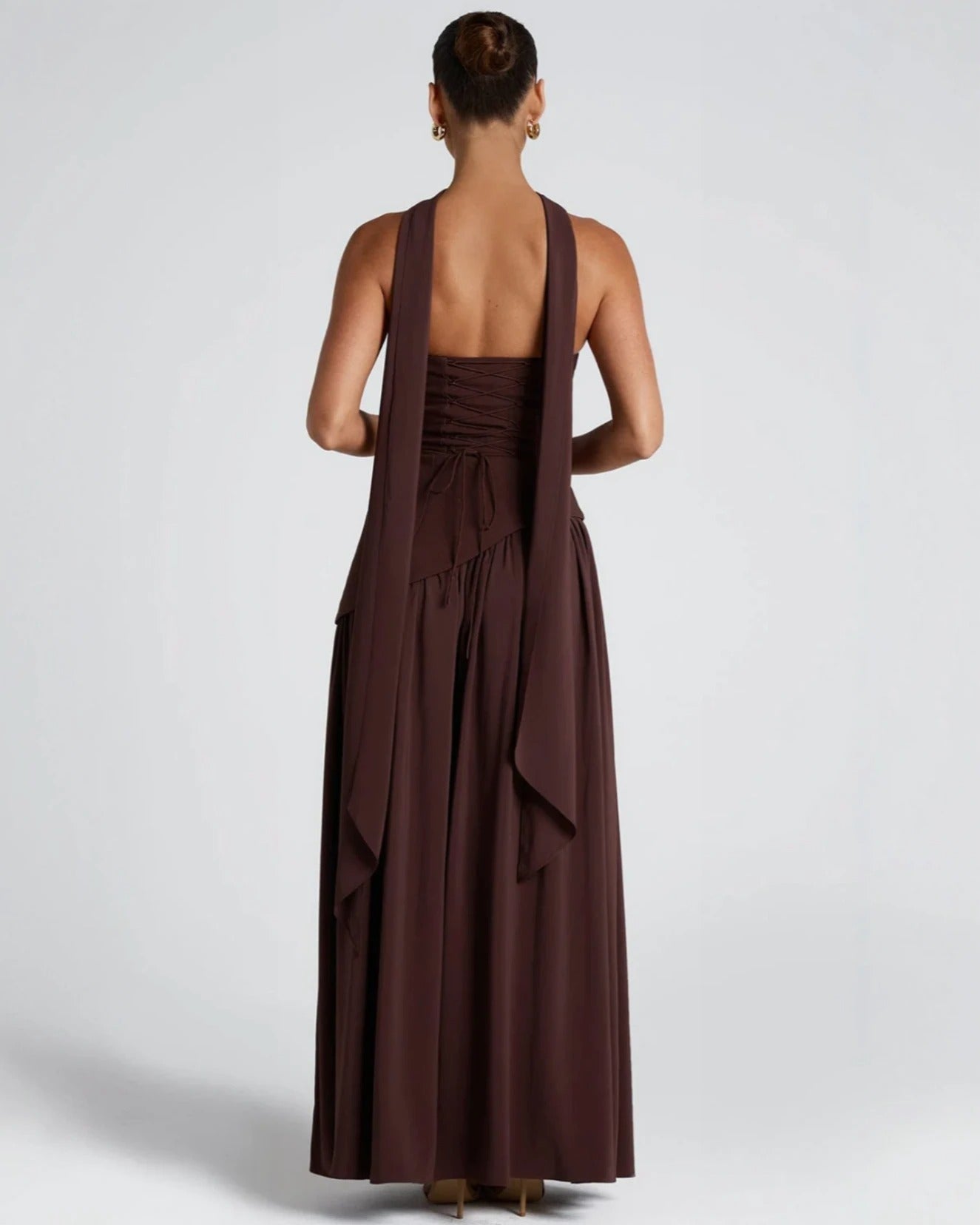 Elara™ | Sculptural Halter Neck Maxi Dress with Deep Slit