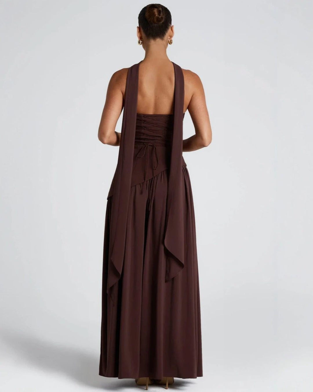 Elara™ | Sculptural Halter Neck Maxi Dress with Deep Slit