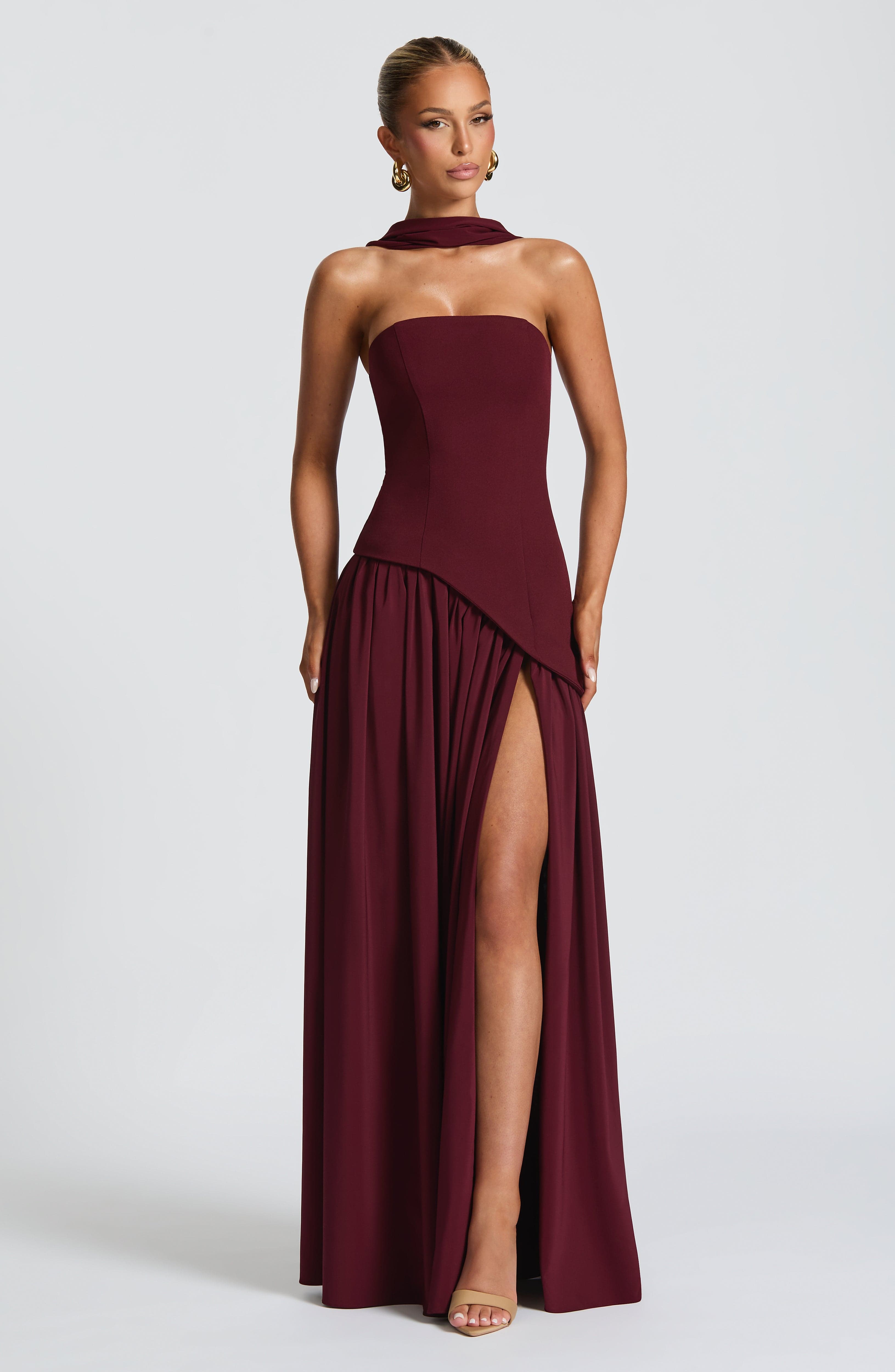 Elara™ | Sculptural Halter Neck Maxi Dress with Deep Slit