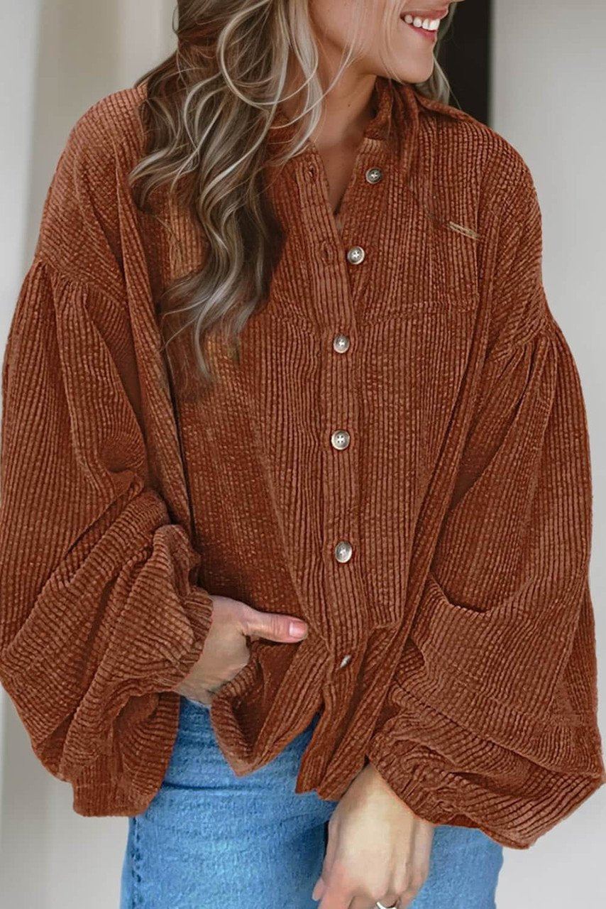 Mai - Blusa in velluto a coste con maniche a sbuffo moda donna