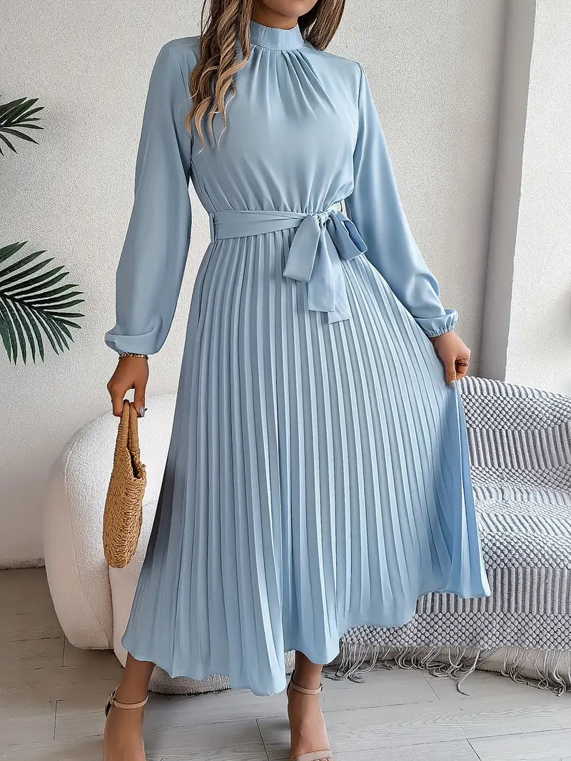 Serena™ – Abito Midi Plissettato con Maniche Lunghe e Cinturaa