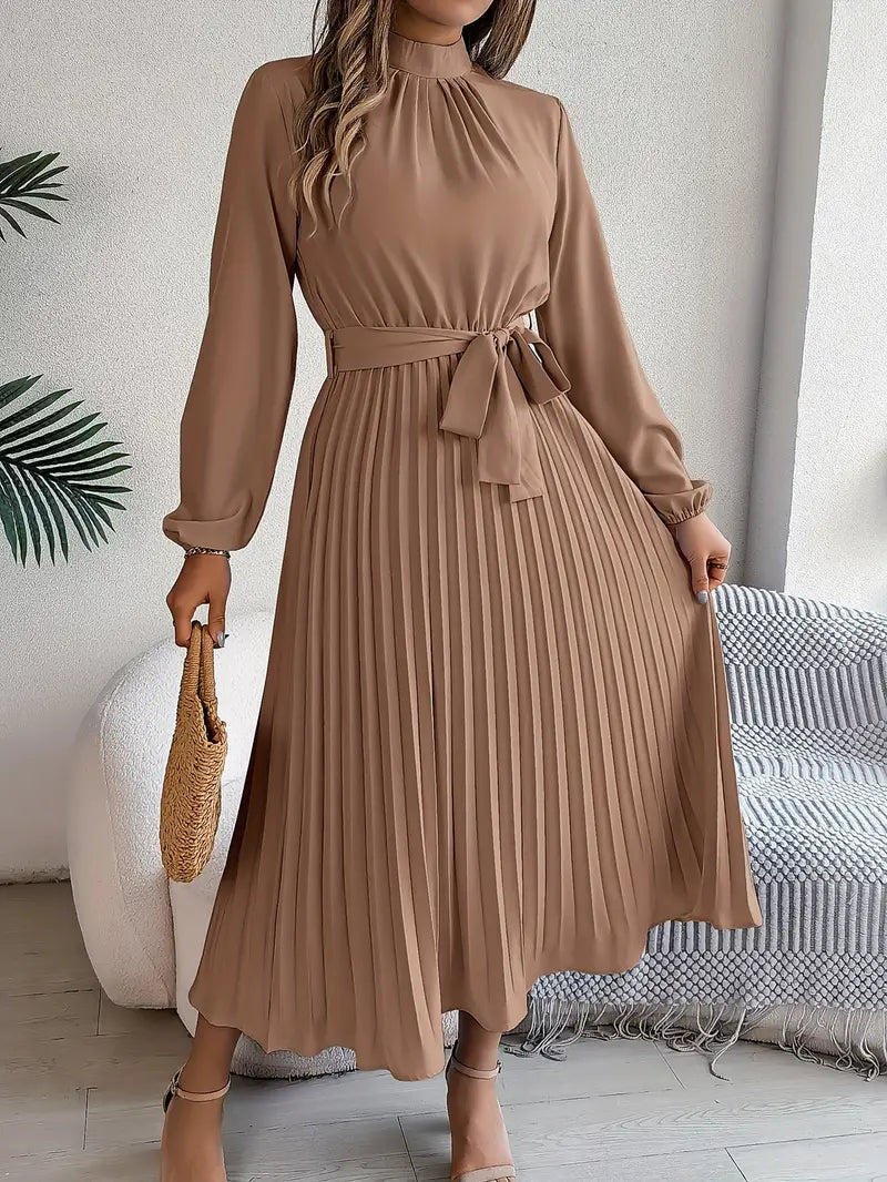 Serena™ – Abito Midi Plissettato con Maniche Lunghe e Cinturaa