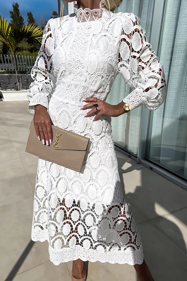 Melody - Elegante Abito Midi in Pizzo Collo Alto & Maniche a Sbuffo
